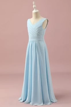 Robe De Demoiselle D’honneur Junior à Col V Bleu Clair -Zapaka PPHGHT143 Light Blue 3