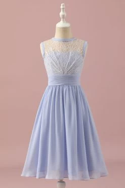 Dentelle Violette Claire Et Robe Courte De Demoiselle D’honneur Junior En Mousseline De Soie