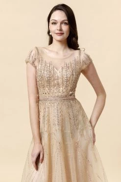 Une Ligne Col Rond Perles Dorées Longueur De Sol Robe Formelle -Zapaka SQ0128 Golden 3