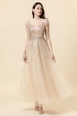 Une Ligne Col Rond Perles Dorées Longueur De Sol Robe Formelle -Zapaka SQ0128 Golden 5