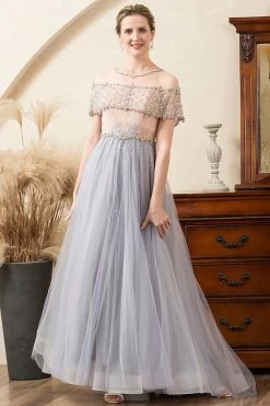 Tulle Gris Une Ligne Perlée Paillettes Robe Mère De Mariée