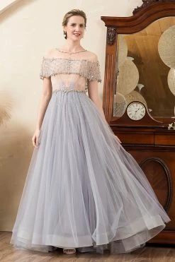 Tulle Gris Une Ligne Perlée Paillettes Robe Mère De Mariée -Zapaka SQ0502Grey 3