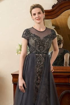 Gris A Line Tulle Perlé Paillettes Robe Mère De Mariée -Zapaka SQ0831DarkGrey 3