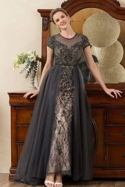 Gris A Line Tulle Perlé Paillettes Robe Mère De Mariée -Zapaka SQ0831DarkGrey 5