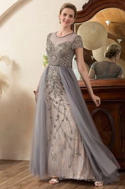 Gris A Line Tulle Perlé Paillettes Robe Mère De Mariée