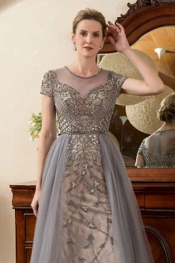 Gris A Line Tulle Perlé Paillettes Robe Mère De Mariée -Zapaka SQ0831Grey 4