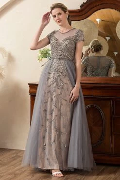 Gris A Line Tulle Perlé Paillettes Robe Mère De Mariée -Zapaka SQ0831Grey 6