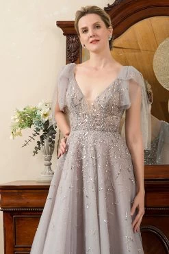 Gris Une Ligne Perlant Paillettes Robe Mère De Mariée -Zapaka SQ20121Grey 4