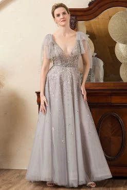 Gris Une Ligne Perlant Paillettes Robe Mère De Mariée -Zapaka SQ20121Grey 6