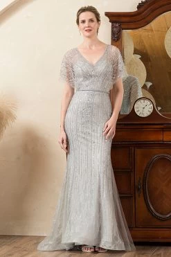 Perle Col En V Paillettes Sirène Robe De Mère De Mariée -Zapaka SQ62241Grey 5