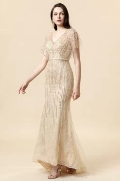 Mermaid V Col Perles D’Or Robe Longue Foraml -Zapaka SQ62241 Golden 6