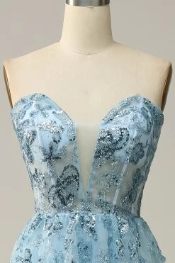 Une Ligne Midi Chérie Paillettes Bleu Ciel Robe De Soirée -Zapaka YMS202304SKYBlue 4
