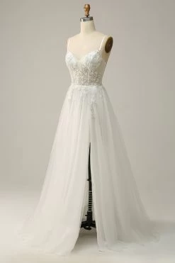 Une Ligne Robe De Mariée Longue Blanche à Bretelles Spaghetti Avec Appliques -Zapaka YMS202329White 3