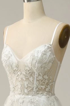 Une Ligne Robe De Mariée Longue Blanche à Bretelles Spaghetti Avec Appliques -Zapaka YMS202329White 5