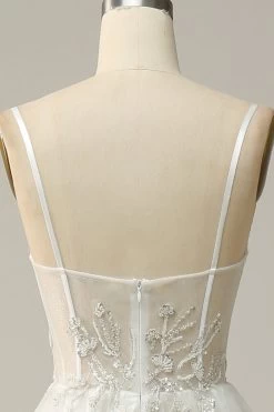 Une Ligne Robe De Mariée Longue Blanche à Bretelles Spaghetti Avec Appliques -Zapaka YMS202329White 6