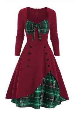 Robe Plaid Des Années 1950 à Manches Longues -Zapaka YYCGHX TT 9269Burgundy