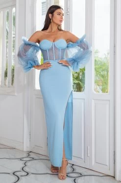 Gaine Off The Shoulder Sky Blue Prom Robe Manches Longues