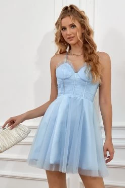Sky Blue Spaghetti Straps Robes De Cocktail -Zapaka YYLH20674 5