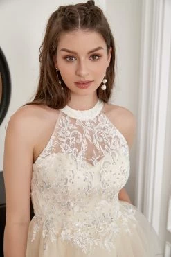 Champagne Perlé Halter Tulle Mignonne Robe De Retour -Zapaka YYLH20688 Champagne 3
