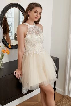 Champagne Perlé Halter Tulle Mignonne Robe De Retour -Zapaka YYLH20688 Champagne 5