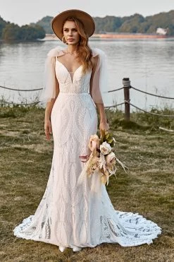 Ivory Mermaid Dentelle Sweep Train Boho Robe De Mariée Avec Nœuds Papillon -Zapaka YYLH30813 20 1