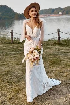 Ivory Mermaid Dentelle Sweep Train Boho Robe De Mariée Avec Nœuds Papillon -Zapaka YYLH30813 20 3