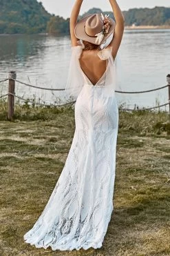 Ivory Mermaid Dentelle Sweep Train Boho Robe De Mariée Avec Nœuds Papillon -Zapaka YYLH30813 20 6