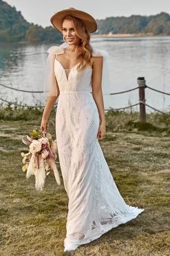 Ivory Mermaid Dentelle Sweep Train Boho Robe De Mariée Avec Nœuds Papillon -Zapaka YYLH30813 20 first