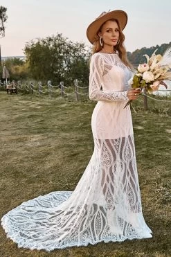 Ivory Mermaid Manches Longues Dentelle Boho Robe De Mariée Avec Sweep Train -Zapaka YYLH30817 20 2