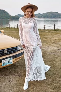 Ivory Mermaid Manches Longues Dentelle Boho Robe De Mariée Avec Sweep Train -Zapaka YYLH30817 20 first