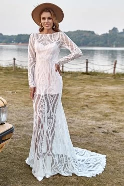 Ivory Mermaid Manches Longues Dentelle Boho Robe De Mariée Avec Sweep Train