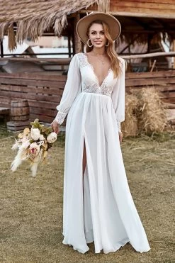 Dentelle Ivoire Chiffon Col V À Manches Longues Boho Robe De Mariée -Zapaka YYLH30818 20 6
