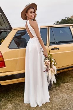 Robe De Mariée En Dentelle Ivoire En Mousseline De Soie Halter Boho Avec Fente -Zapaka YYLH30819 20 3