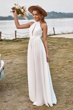 Robe De Mariée En Dentelle Ivoire En Mousseline De Soie Halter Boho Avec Fente -Zapaka YYLH30819 20 7