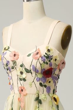 Une Ligne Spaghetti Straps Champagne Tea Length Robe De Bal Avec Appliques 12 Une Ligne Spaghetti Straps Champagne Tea Length Robe De Bal Avec Appliques -Zapaka YYLH30860Champagne 2