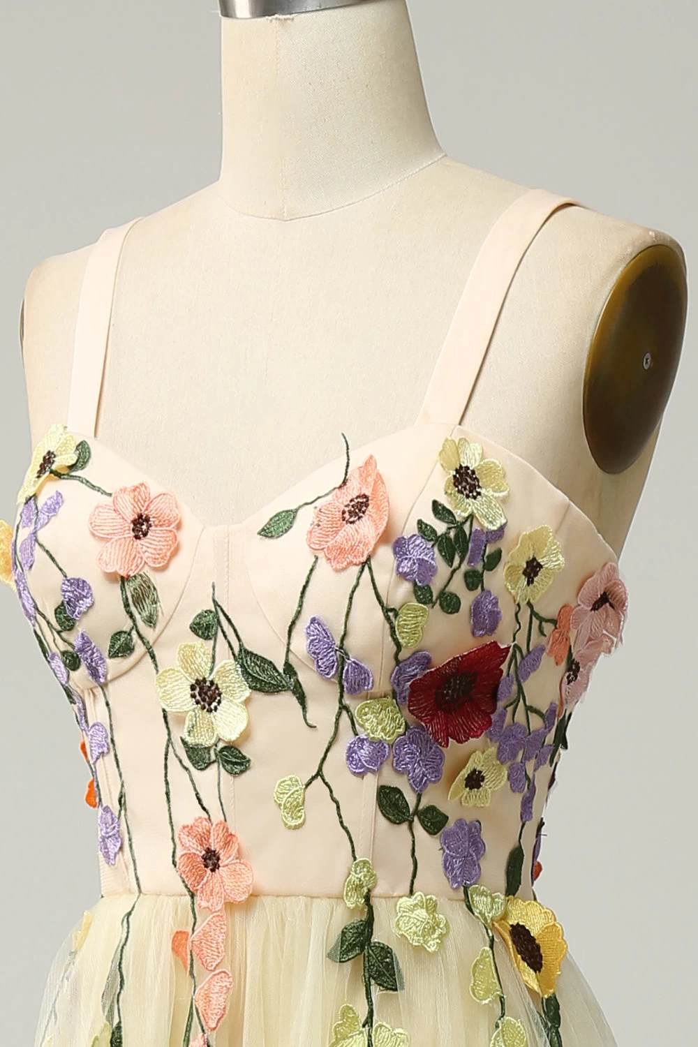 Une Ligne Spaghetti Straps Champagne Tea Length Robe De Bal Avec Appliques 7 Une Ligne Spaghetti Straps Champagne Tea Length Robe De Bal Avec Appliques – Image 5