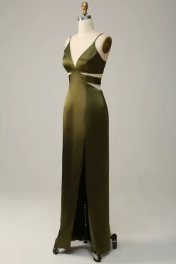 Sangles Spaghetti Découpées Olive Long Bridesmaid Dress Avec Fente -Zapaka YYLH30892 20Olive 20 3