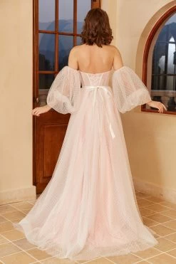 Robe De Mariée à Pois Roses Avec Manches Bouffantes -Zapaka YYLH450 White 2