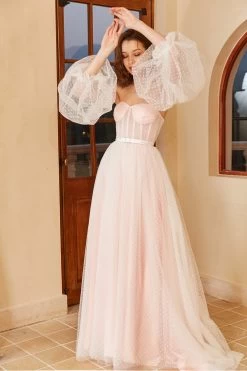Robe De Mariée à Pois Roses Avec Manches Bouffantes -Zapaka YYLH450 White 7