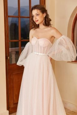 Robe De Mariée à Pois Roses Avec Manches Bouffantes -Zapaka YYLH450 White 8