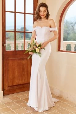 Mermaid Off The Shoulder Robe De Mariée Blanche Avec Dentelle -Zapaka YYZL126 White 3