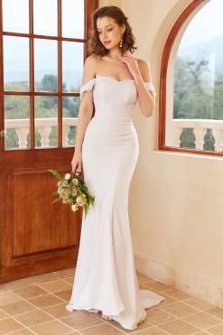 Mermaid Off The Shoulder Robe De Mariée Blanche Avec Dentelle -Zapaka YYZL126 White 5