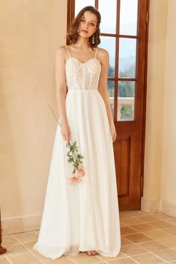 Belle A Line Spaghetti Straps Robe De Mariée Blanche Avec Appliques