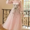 Une Ligne Jewel Light Nude Tea Length Prom Robe De Bal à Manches Longues -Zapaka YYZL163 Light Nude 1 first