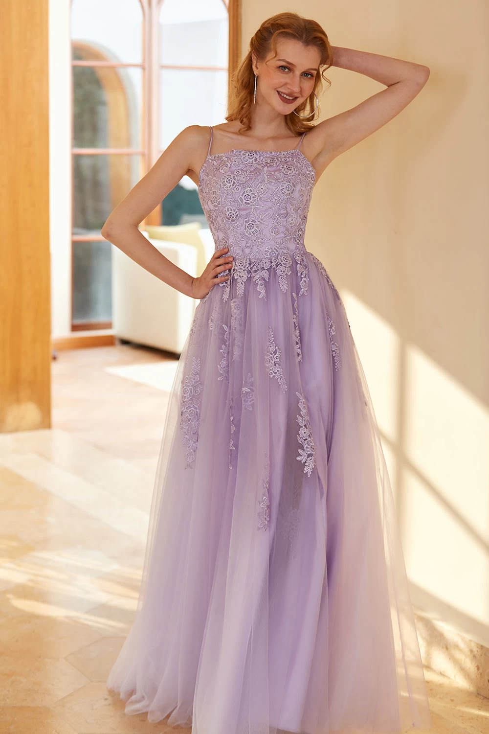 Charmante A Line Spaghetti Straps Light Purple Long Prom Robe Avec Appliques 5 Charmante A Line Spaghetti Straps Light Purple Long Prom Robe Avec Appliques – Image 3