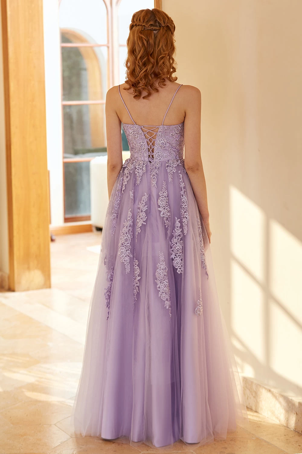 Charmante A Line Spaghetti Straps Light Purple Long Prom Robe Avec Appliques 4 Charmante A Line Spaghetti Straps Light Purple Long Prom Robe Avec Appliques – Image 2