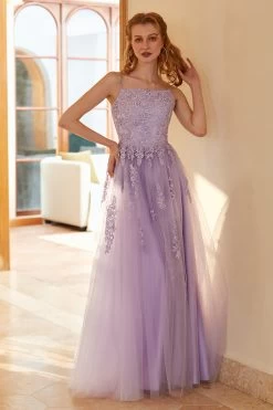 Charmante A Line Spaghetti Straps Light Purple Long Prom Robe Avec Appliques
