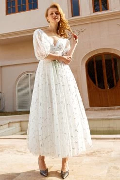 Imprimé Tulle Midi Robe De Mariée 16 Imprimé Tulle Midi Robe De Mariée -Zapaka YYZL197 White 8