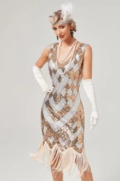 Robe à Paillettes Dorées Des Années 20 Avec Frange