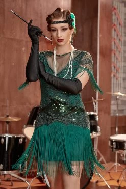 Vert Foncé Bateau Neck 1920s Gatsby Robe Avec Franges -Zapaka YYZL345DarkGreen 5
